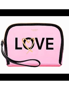 NWT VICTORIA’S SECRET PINK & BLACK “LOVE”WRISTLET POUCH BEAUTY BAG & GOLD HEART